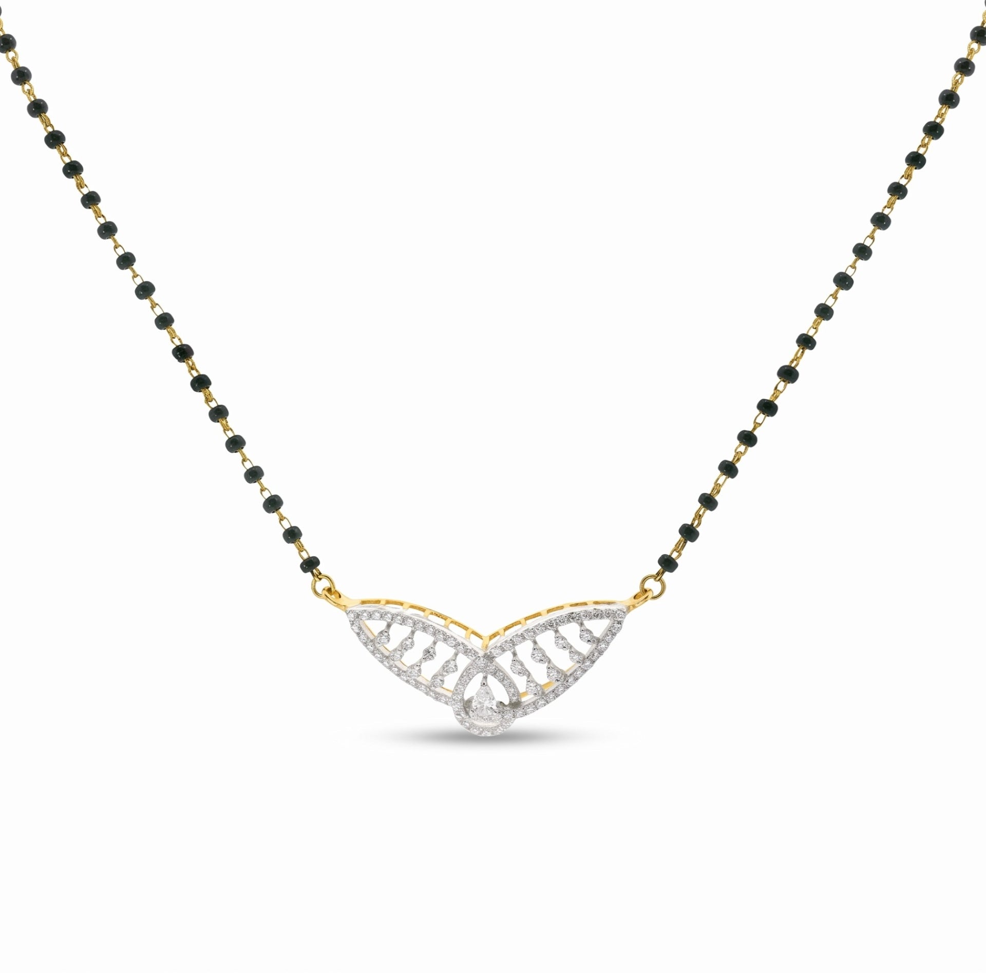 A delicate necklace featuring a black and gold beaded chain with a central wing-shaped pendant. The pendant is paved with clear stones and has a small clear teardrop at the center, suspended from gold-toned loops on a white background.