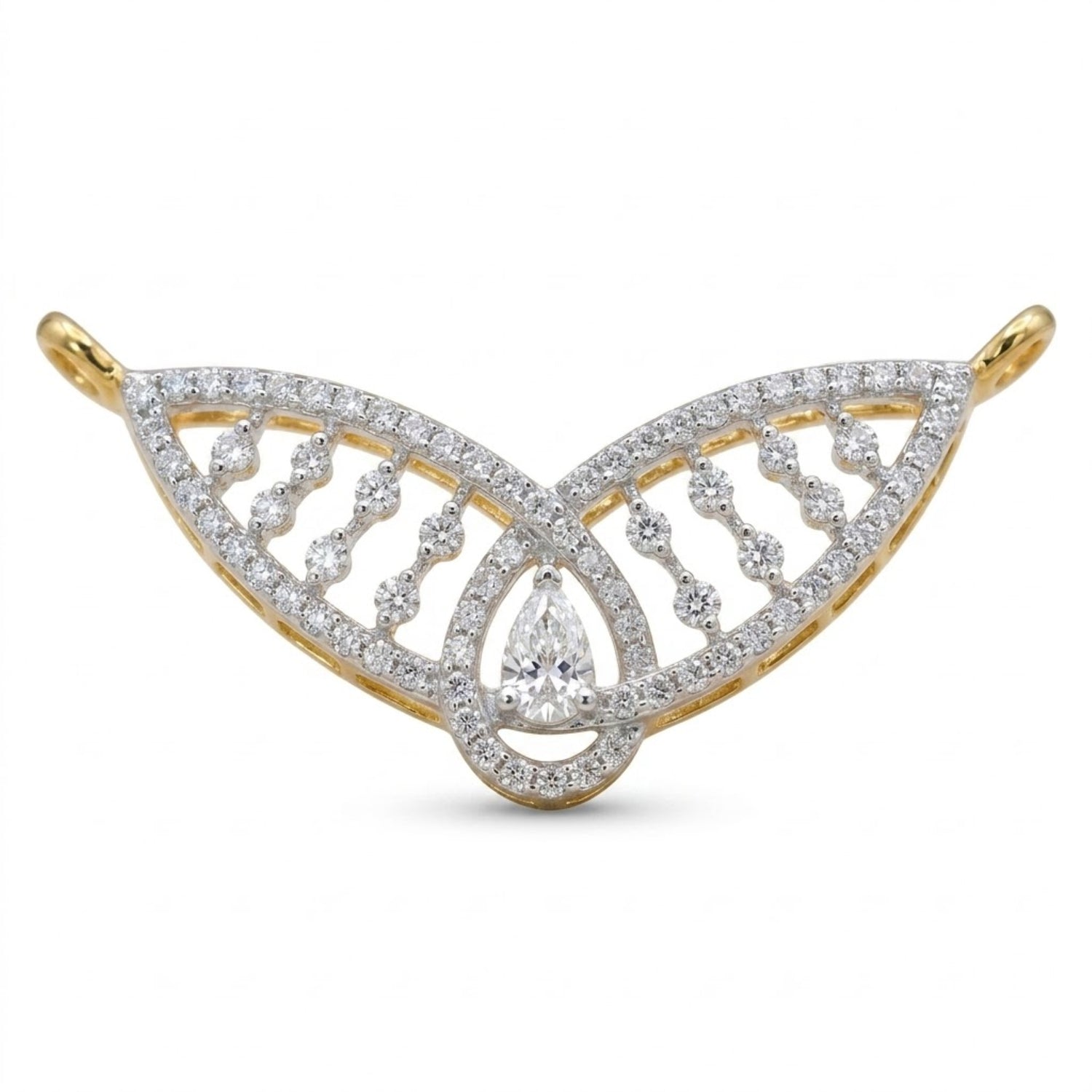 A yellow gold butterfly-shaped pendant brooch adorned with pavé-set round and pear-cut diamonds, shown on a plain white background.