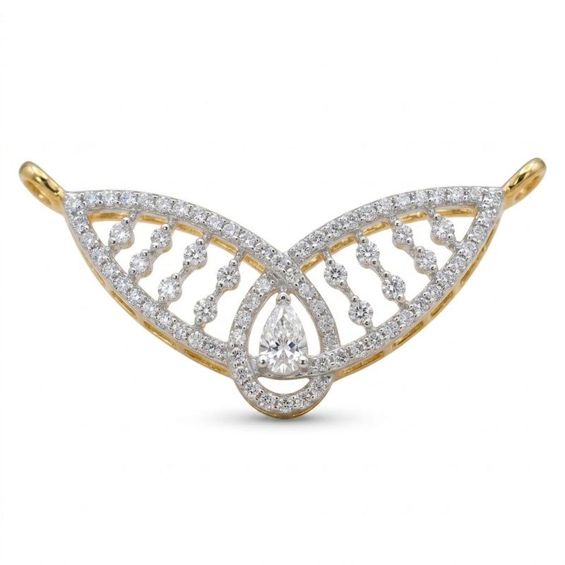 A yellow gold butterfly-shaped pendant brooch adorned with pavé-set round and pear-cut diamonds, shown on a plain white background.