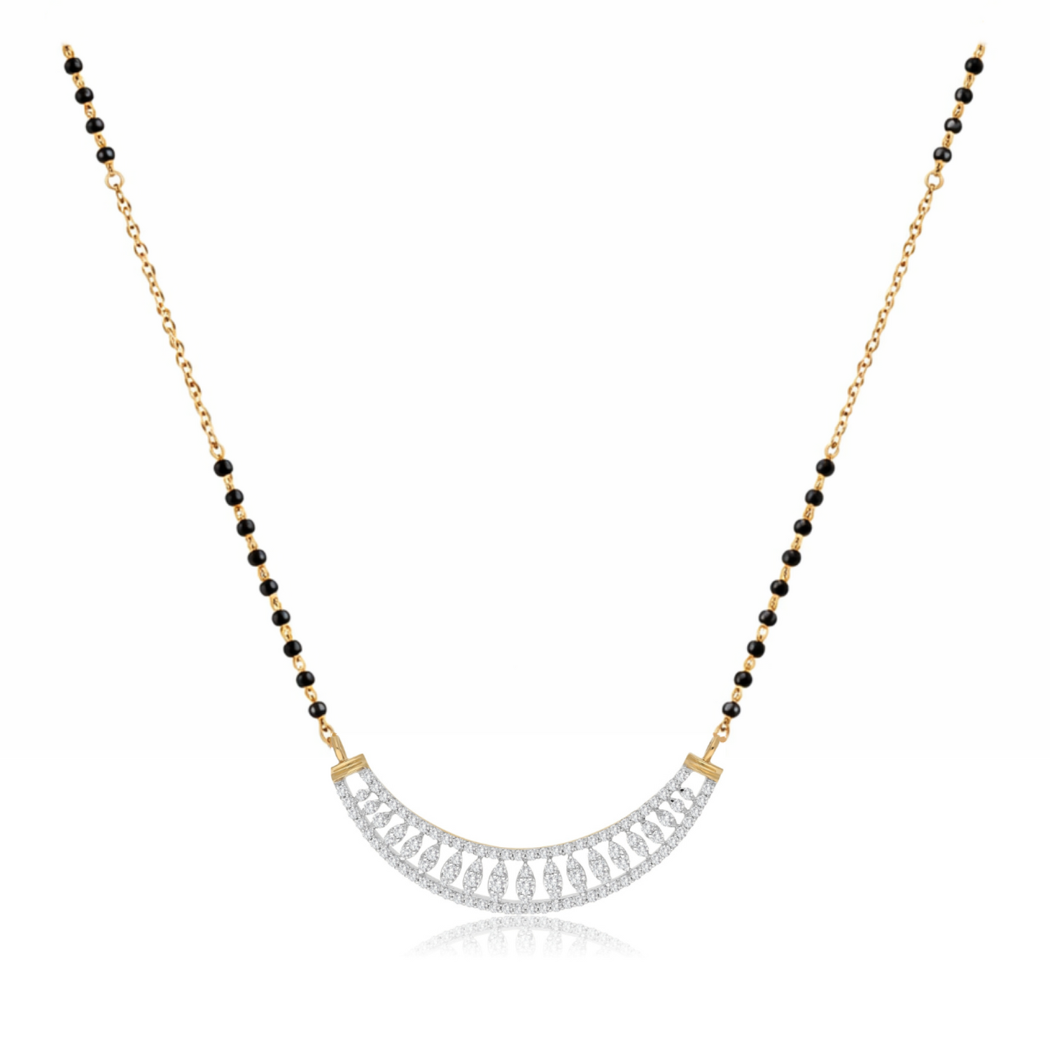 A gold and black beaded necklace with a curved silver-toned pavé pendant, displayed on a clean white background.