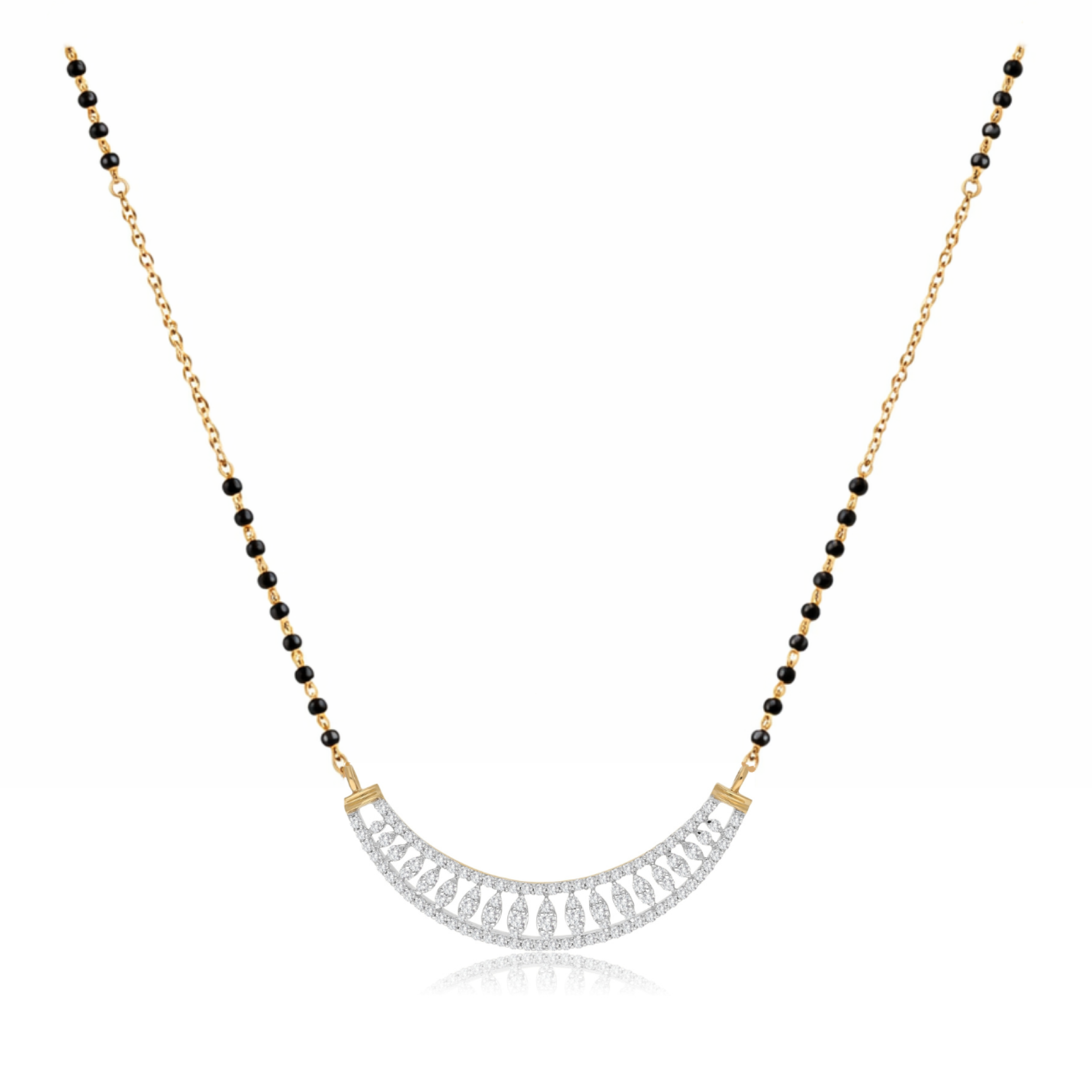A gold and black beaded necklace with a curved silver-toned pavé pendant, displayed on a clean white background.