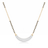 A gold and black beaded necklace with a curved silver-toned pavé pendant, displayed on a clean white background.