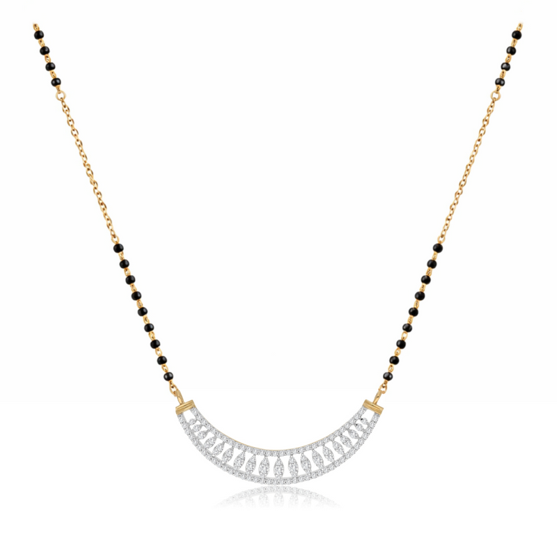 A gold and black beaded necklace with a curved silver-toned pavé pendant, displayed on a clean white background.