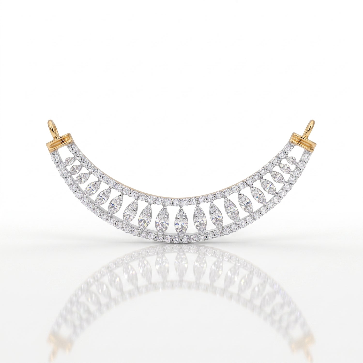 An arched double-row diamond collar pendant in yellow gold and white gold, featuring marquise-cut diamonds, displayed on a reflective white surface.