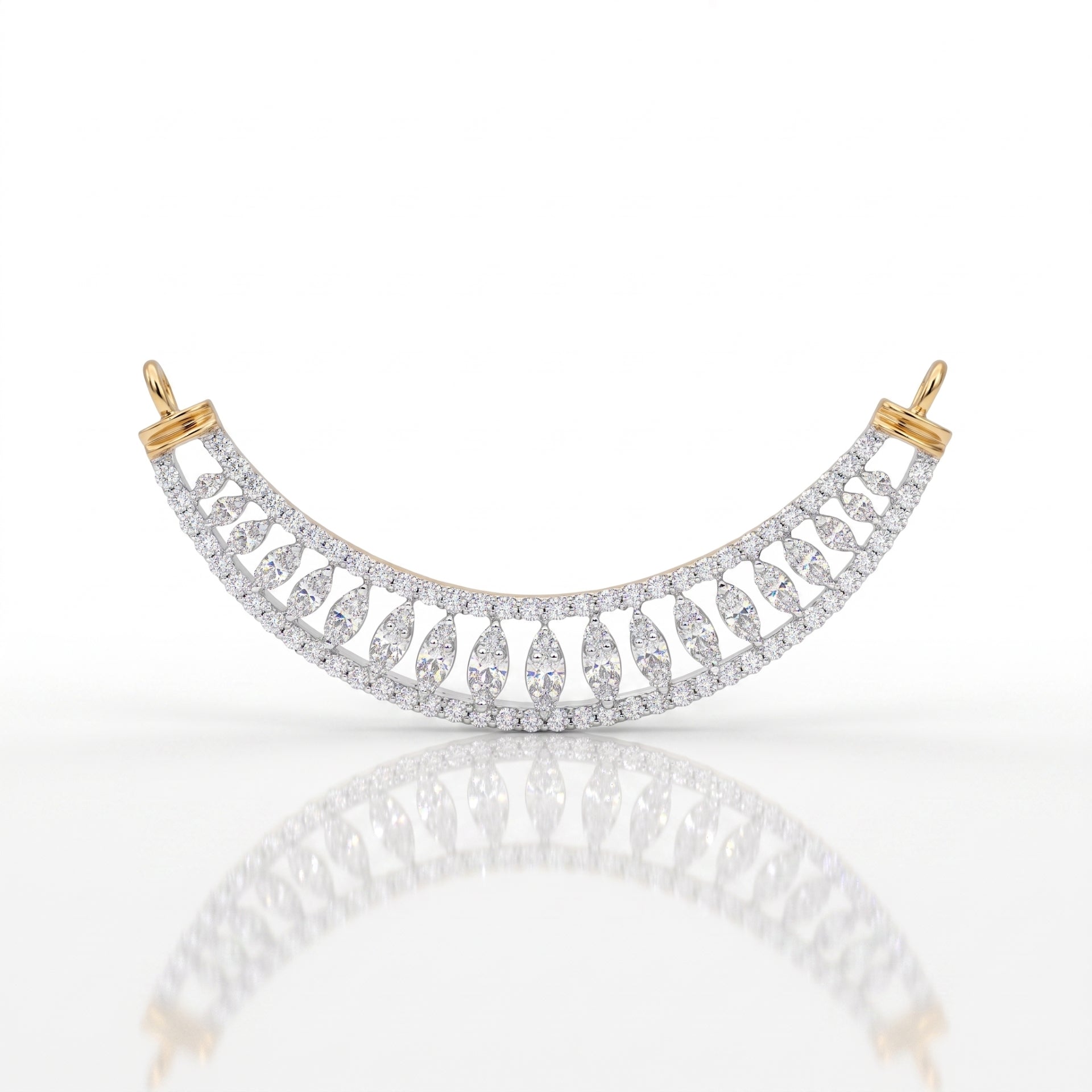 An arched double-row diamond collar pendant in yellow gold and white gold, featuring marquise-cut diamonds, displayed on a reflective white surface.