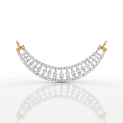 An arched double-row diamond collar pendant in yellow gold and white gold, featuring marquise-cut diamonds, displayed on a reflective white surface.