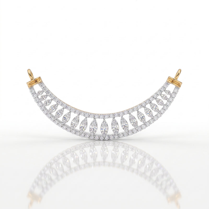 An arched double-row diamond collar pendant in yellow gold and white gold, featuring marquise-cut diamonds, displayed on a reflective white surface.