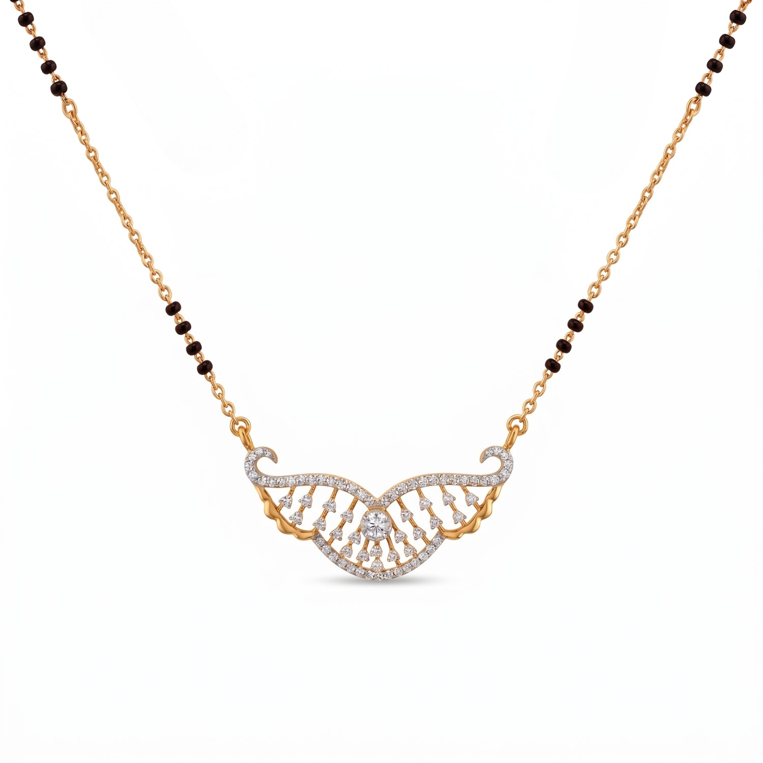 A gold and white stone necklace featuring a wing-like pavé pendant with a central clear stone, suspended from a chain with alternating gold and dark brown beads, on a white background.