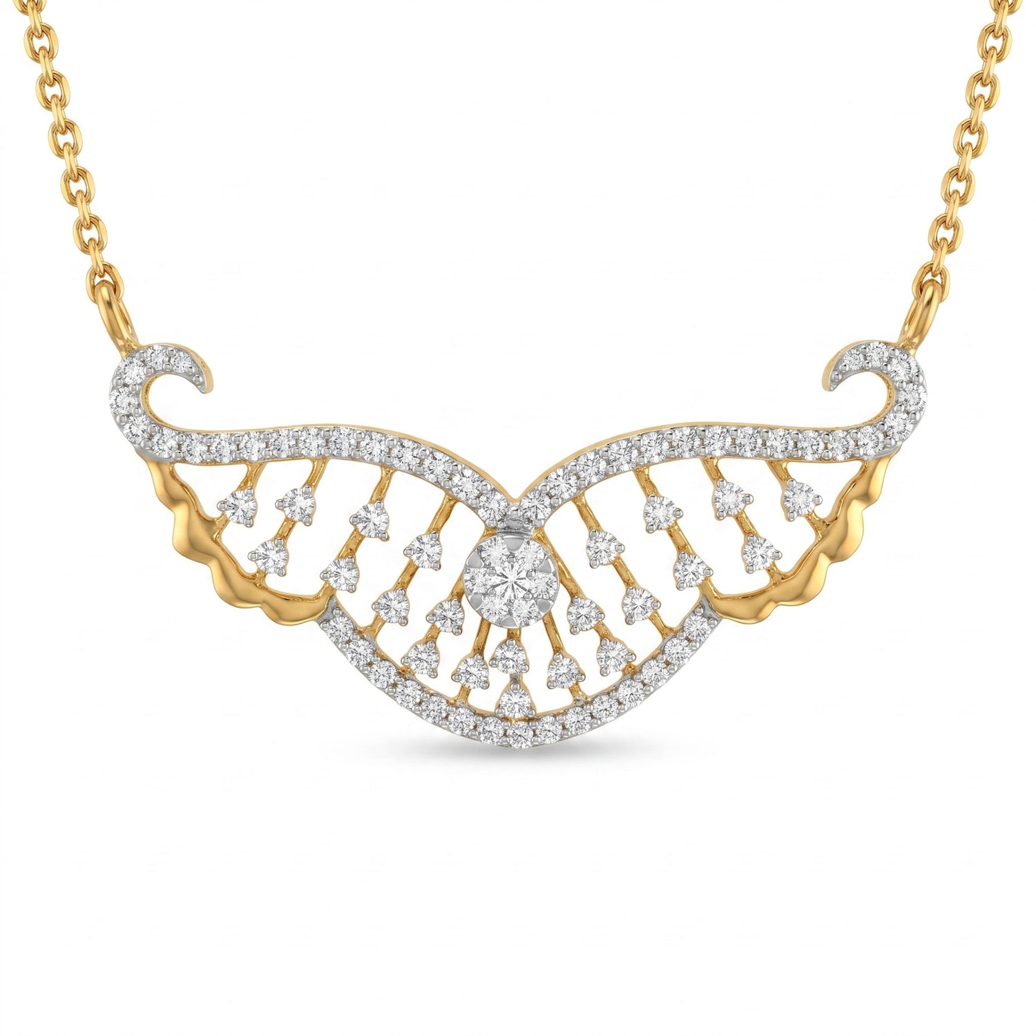 Gold and diamond wing-shaped pendant necklace on a white background.