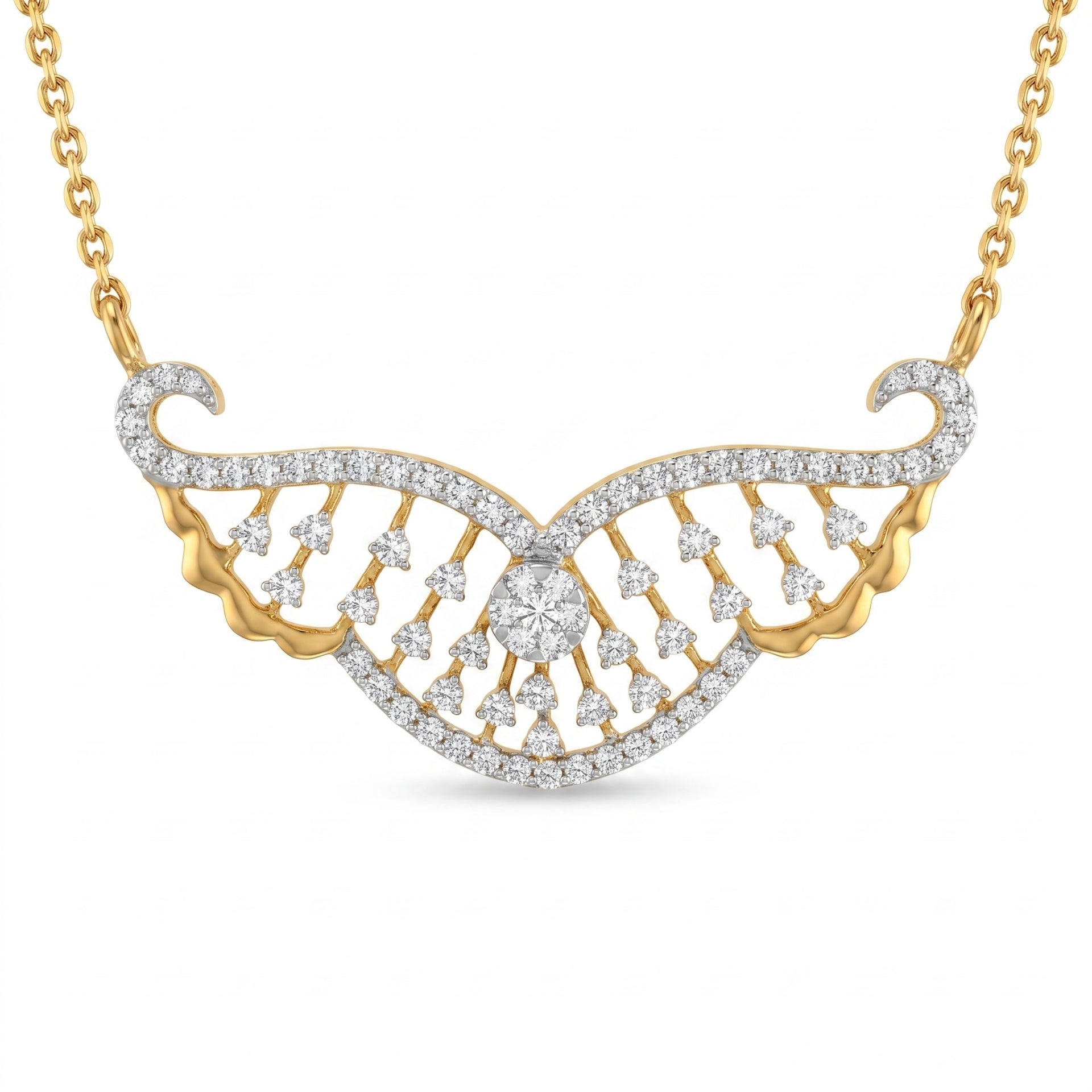 Gold and diamond wing-shaped pendant necklace on a white background.