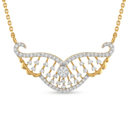 Gold and diamond wing-shaped pendant necklace on a white background.