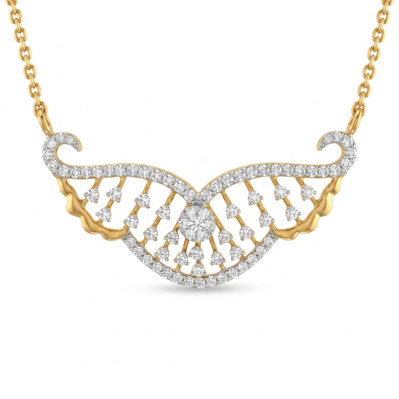 Gold and diamond wing-shaped pendant necklace on a white background.
