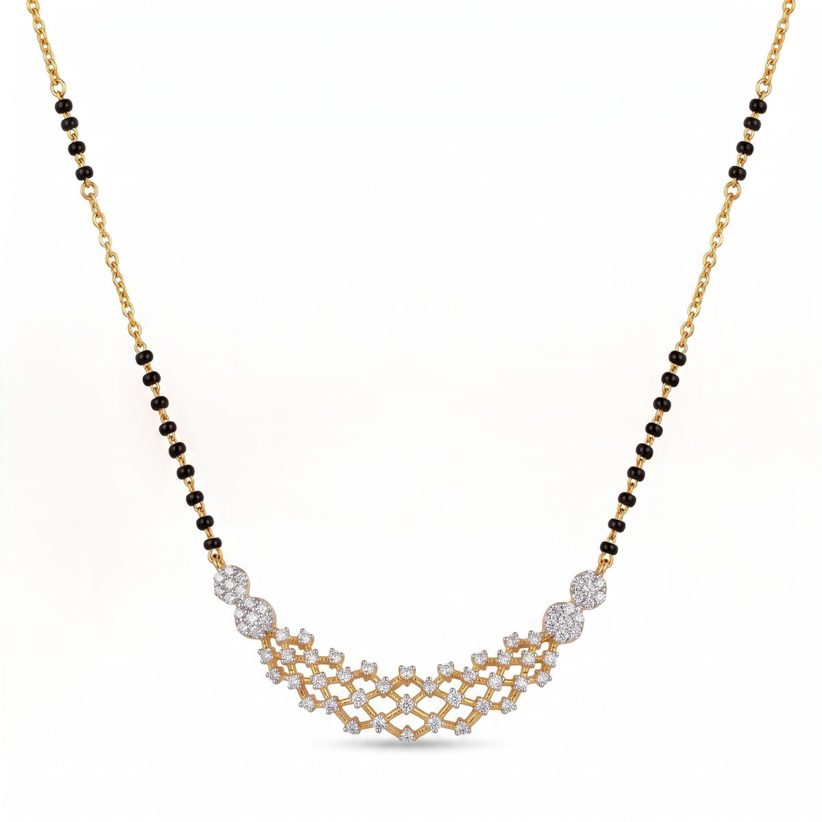 A gold and black beaded necklace with a curved diamond-patterned pendant, displayed on a clean white background.