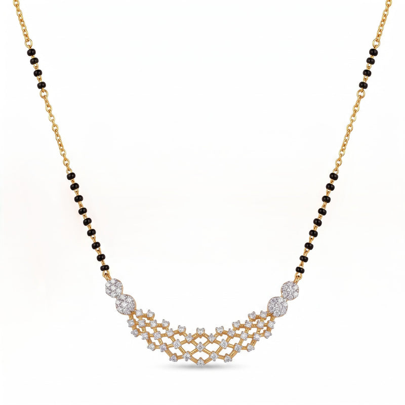 A gold and black beaded necklace with a curved diamond-patterned pendant, displayed on a clean white background.