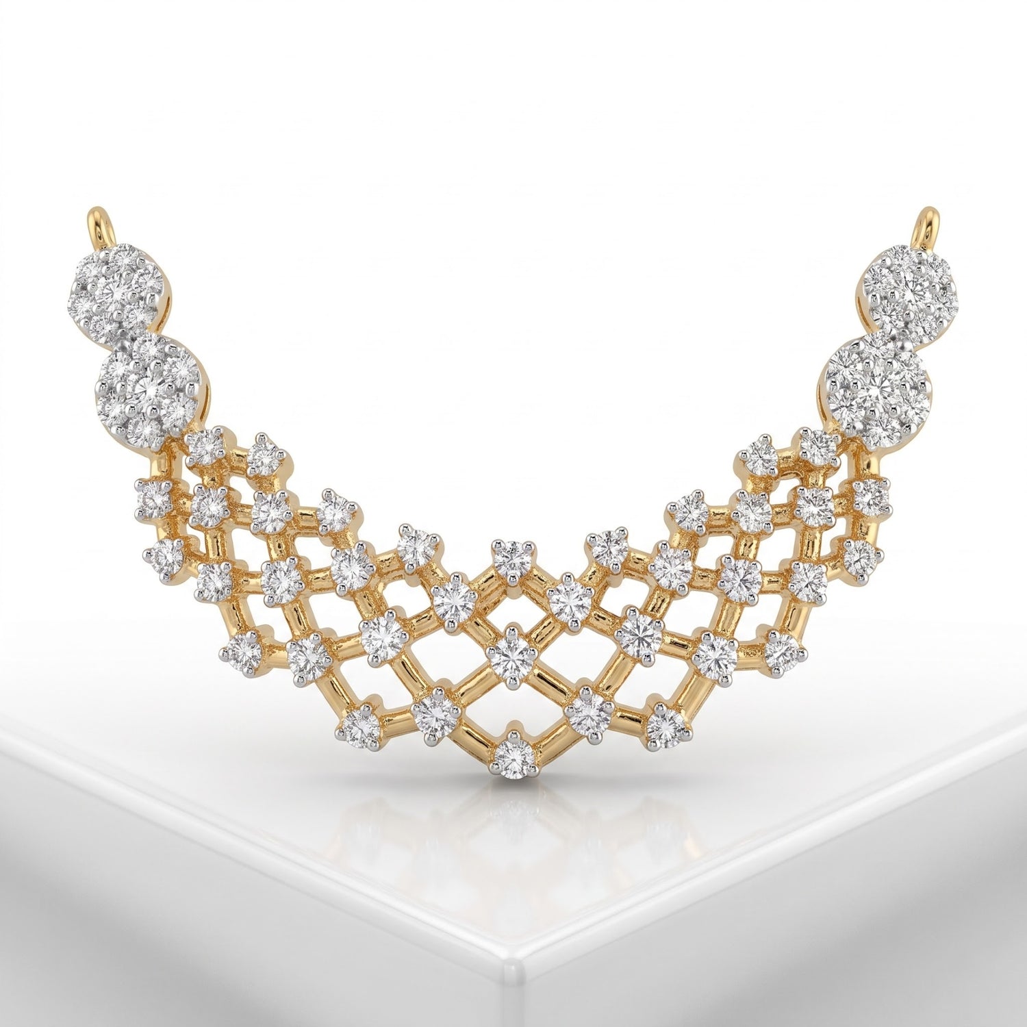 A gold and diamond necklace displayed on a clean white surface. The necklace features a curved, geometric design with a gold trellis pattern adorned with small round diamonds, flared out at the top with larger diamond clusters on each end.