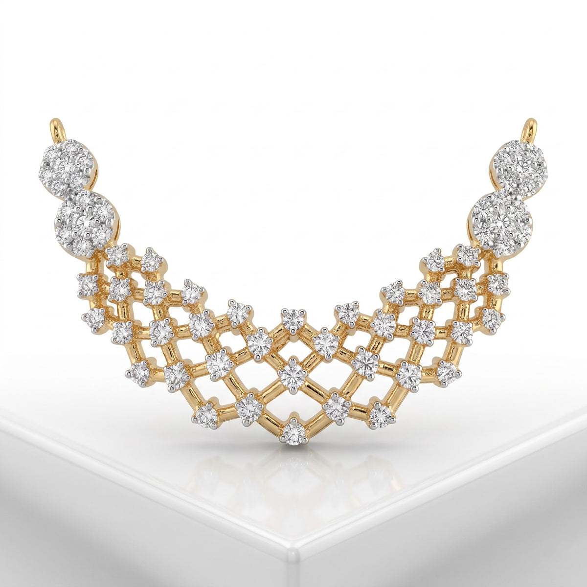 A gold and diamond necklace displayed on a clean white surface. The necklace features a curved, geometric design with a gold trellis pattern adorned with small round diamonds, flared out at the top with larger diamond clusters on each end.