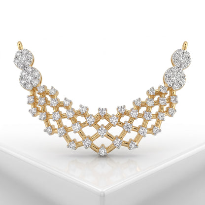 A gold and diamond necklace displayed on a clean white surface. The necklace features a curved, geometric design with a gold trellis pattern adorned with small round diamonds, flared out at the top with larger diamond clusters on each end.