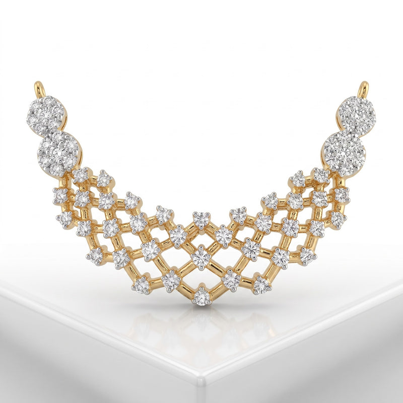 A gold and diamond necklace displayed on a clean white surface. The necklace features a curved, geometric design with a gold trellis pattern adorned with small round diamonds, flared out at the top with larger diamond clusters on each end.
