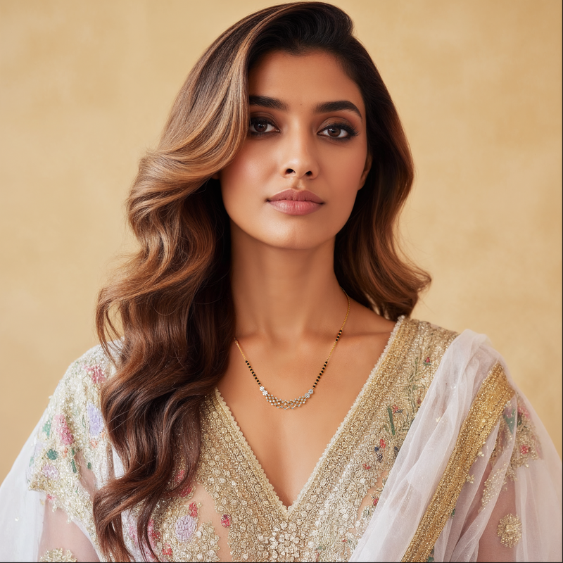 A woman with long, wavy brown hair is shown from the chest up against a warm beige studio background. She is wearing a light beige and white embellished traditional outfit with floral embroidery and a sheer white dupatta draped over her shoulder, along with a delicate gold necklace.