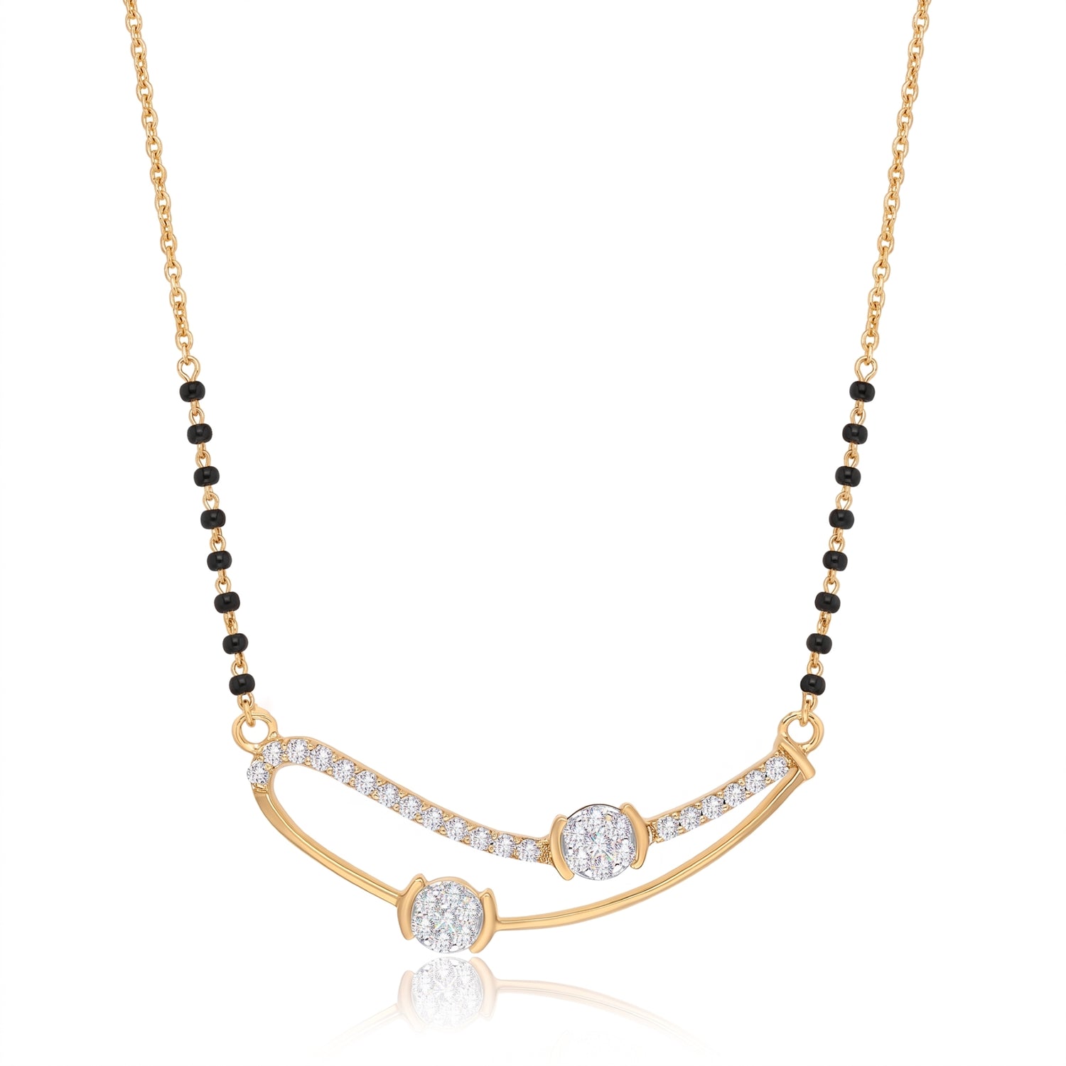 A gold necklace with a curved bar pendant set with small clear stones, and a beaded chain featuring alternating black and gold beads, shown on a white background with a soft reflection.