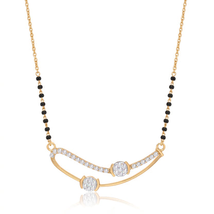 A gold necklace with a curved bar pendant set with small clear stones, and a beaded chain featuring alternating black and gold beads, shown on a white background with a soft reflection.
