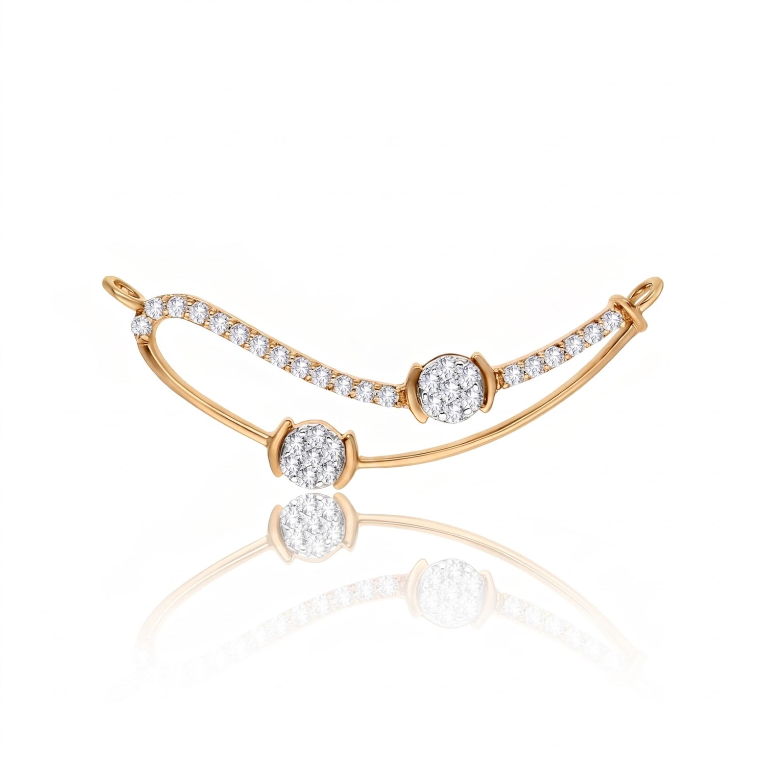 A gold crescent-shaped bracelet with pavé-set clear stones and three round-cut stones, displayed on a clean white background with a soft reflection below.