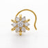A gold flower-shaped nose ring with a curved post and multiple clear gemstones set in polished yellow gold, shown on a plain white background.