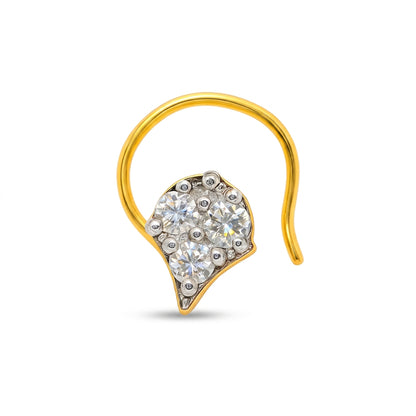 A gold crescent-shaped hoop nosepin with a teardrop-shaped cluster of clear round-cut gemstones at the center, shown on a plain white background.