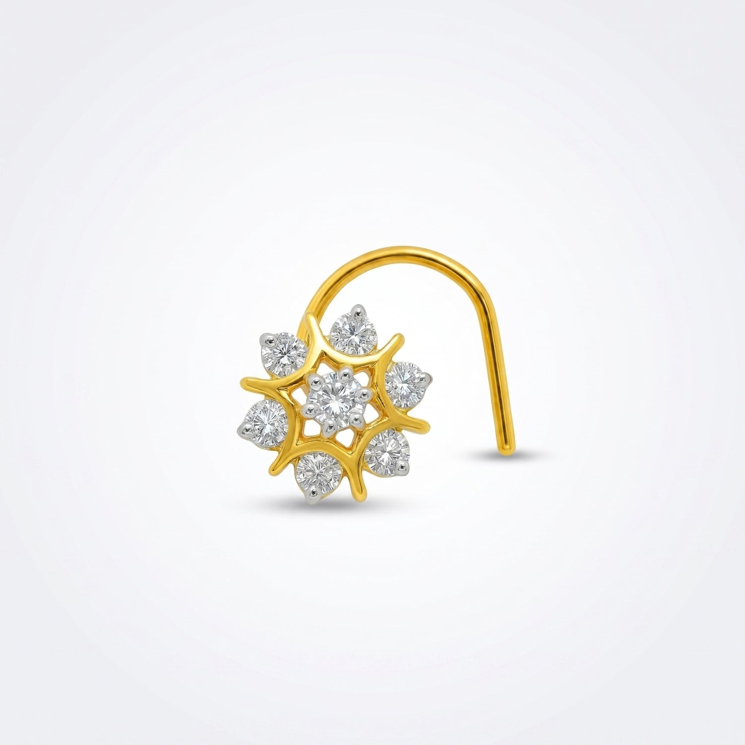 A gold crescent-shaped nose hoop nose ring with a central cluster of clear gemstones in a floral or snowflake-like arrangement, shown on a light gray background.