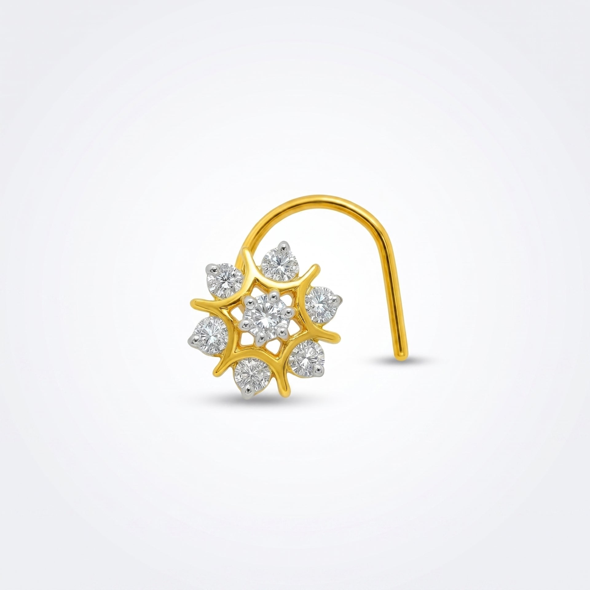A gold crescent-shaped nose hoop nose ring with a central cluster of clear gemstones in a floral or snowflake-like arrangement, shown on a light gray background.