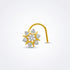A gold crescent-shaped nose hoop nose ring with a central cluster of clear gemstones in a floral or snowflake-like arrangement, shown on a light gray background.