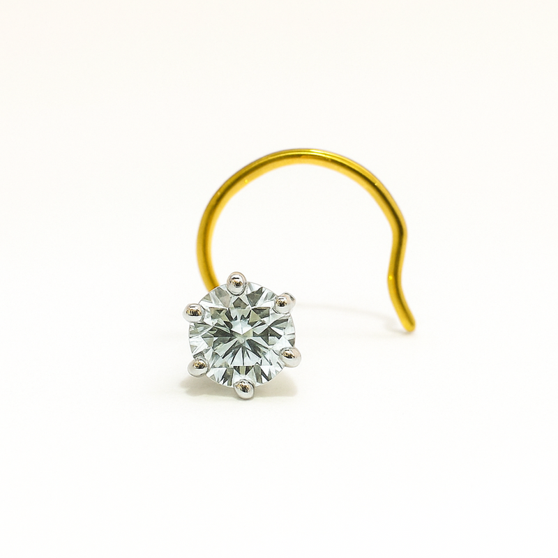 A single gold hoop nosepin with a large round-cut clear gemstone in a silver-toned prong setting, photographed on a clean white background.