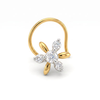 A gold flower-shaped nose ring with a central round diamond and four smaller marquise-cut diamonds, set on a plain white background.