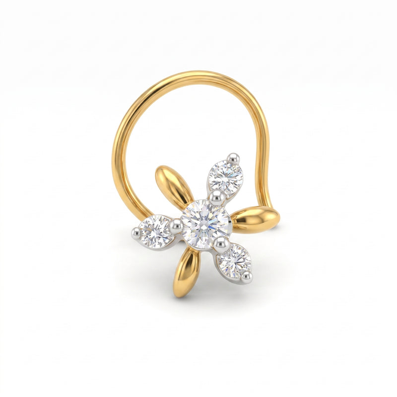 A gold flower-shaped nose ring with a central round diamond and four smaller marquise-cut diamonds, set on a plain white background.