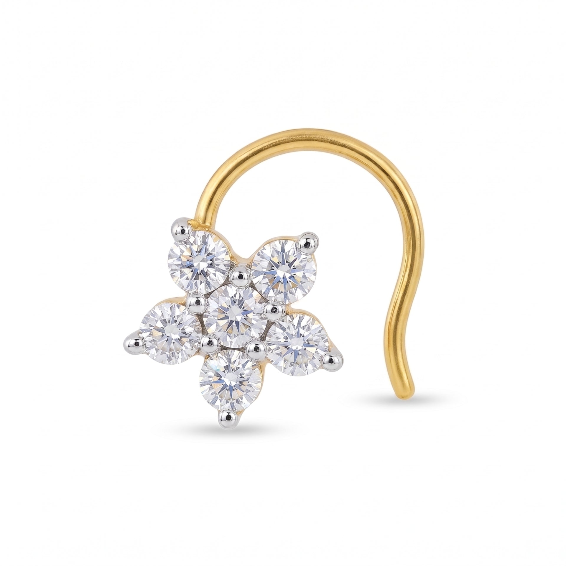 A yellow gold nose hoop earring featuring a flower-shaped cluster of six round-cut clear gemstones in a silver-toned setting, shown on a plain white background.