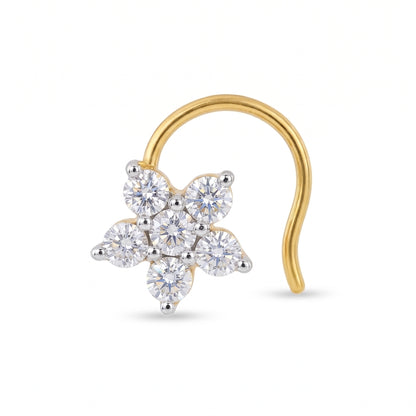 A yellow gold nose hoop earring featuring a flower-shaped cluster of six round-cut clear gemstones in a silver-toned setting, shown on a plain white background.