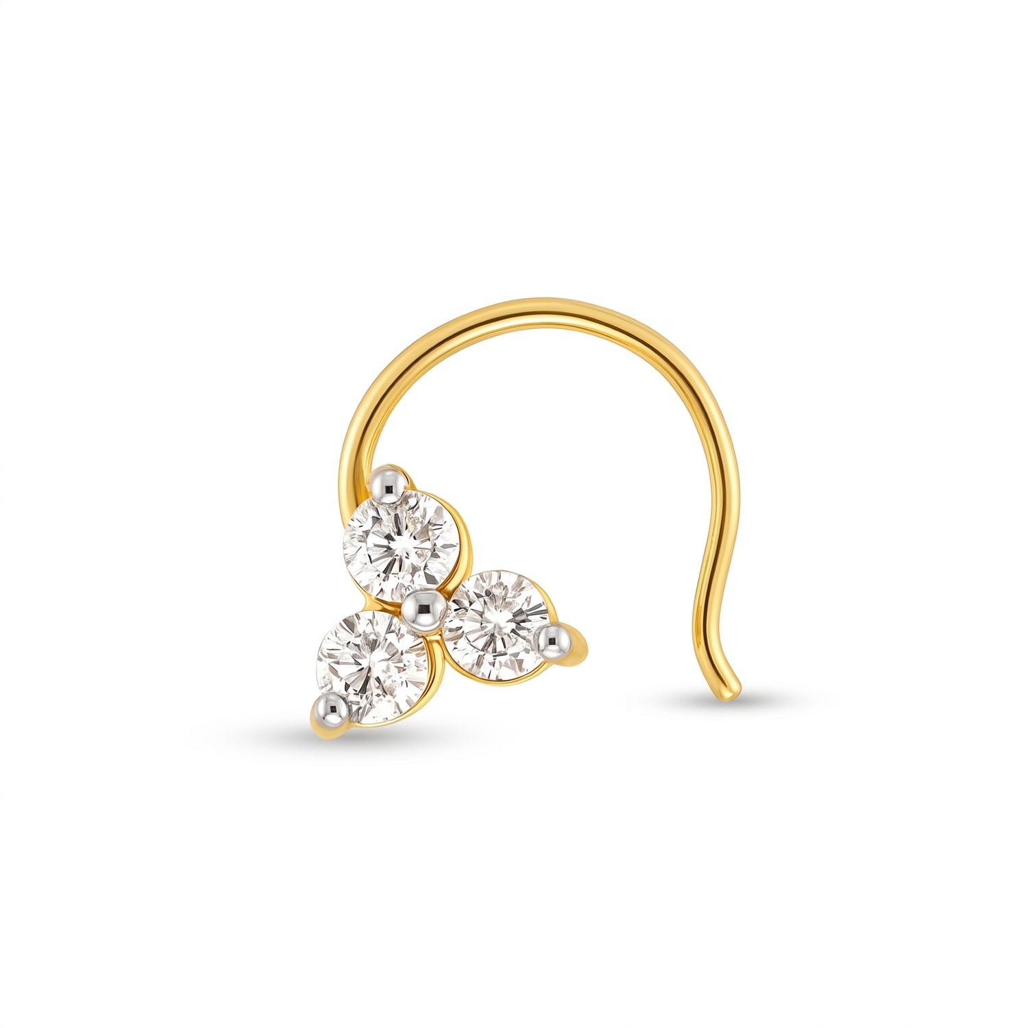 A gold nose hoop nose ring featuring a cluster of three clear round-cut gemstones at the front, set against a plain white background.