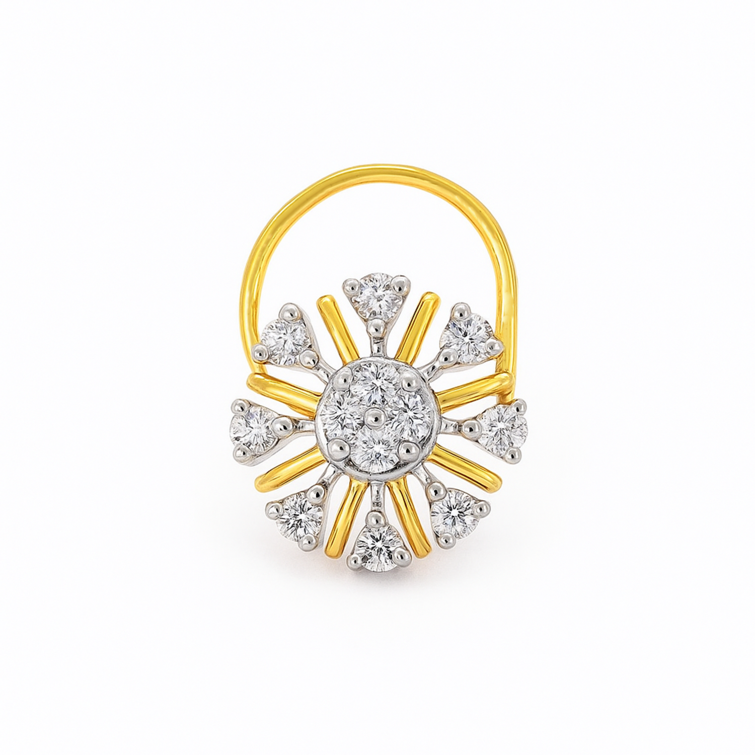 A two-tone yellow gold and white gold sunburst nose ring featuring a central round diamond cluster surrounded by radiating diamond and gold accents, with a curved gold top band, set against a plain white background.