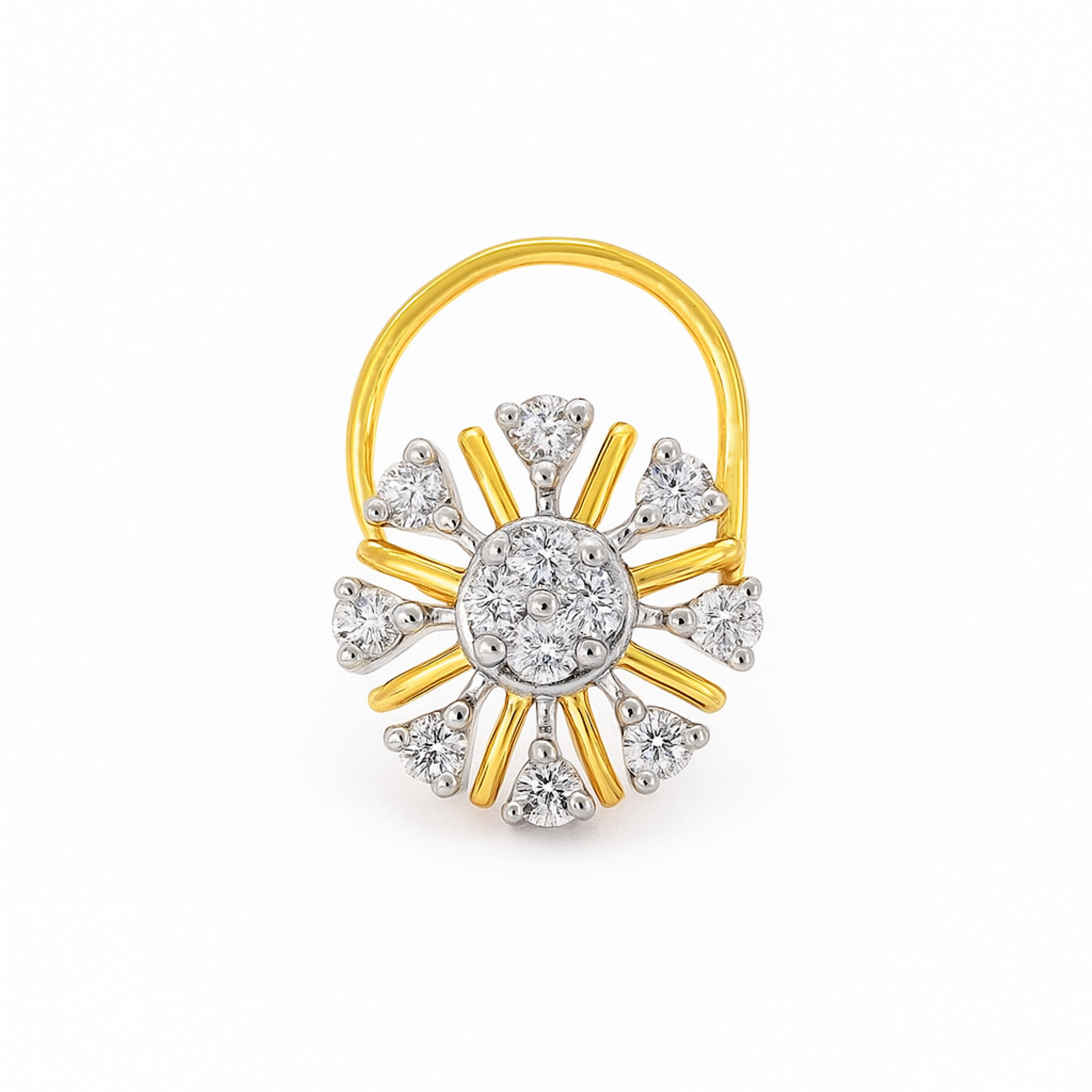 A two-tone yellow gold and white gold sunburst nose ring featuring a central round diamond cluster surrounded by radiating diamond and gold accents, with a curved gold top band, set against a plain white background.