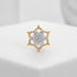 A gold ring with a multi-stone floral cluster center, displayed on a white textured surface.