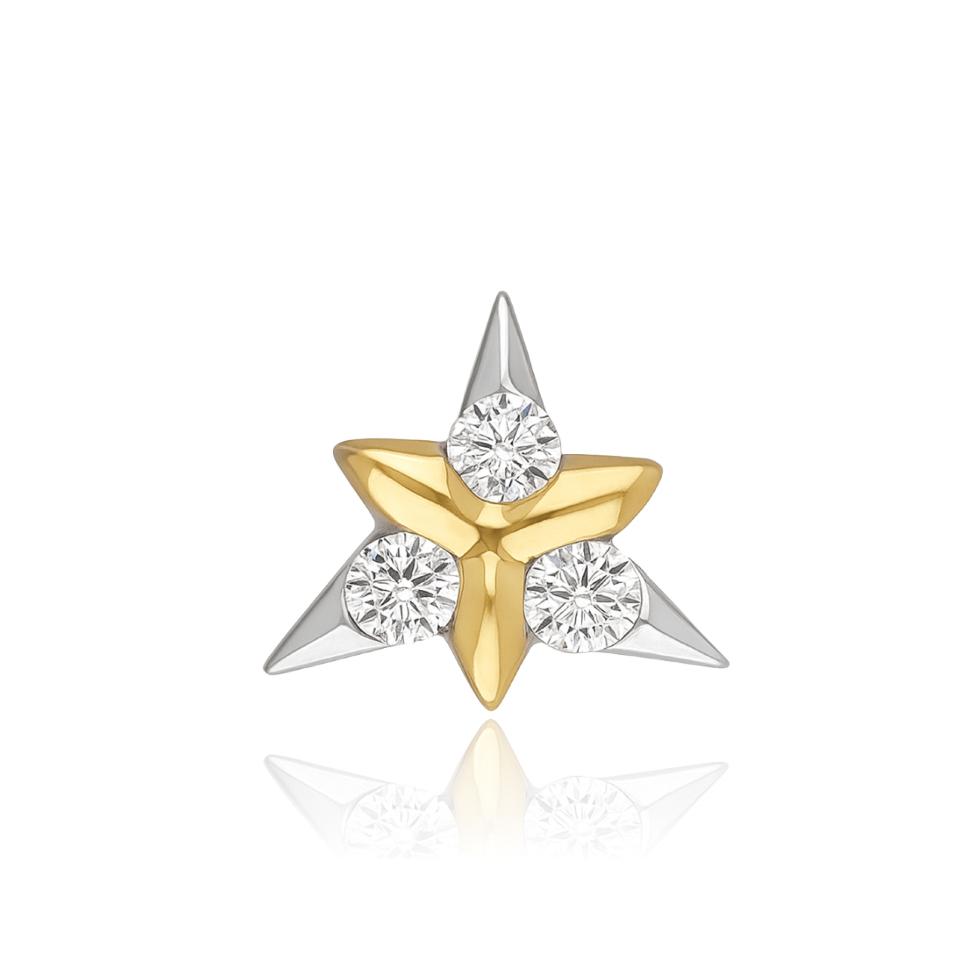 A two-tone star-shaped stud earring featuring a gold center and silver points, accented with three round clear gemstones, shown on a white background with a soft reflection.