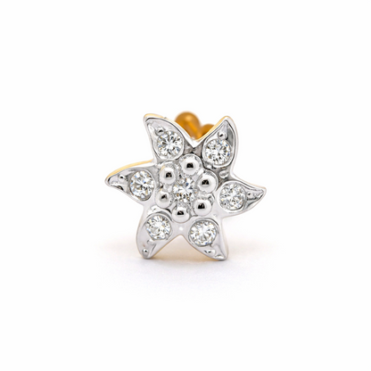 A silver star-shaped stud nose ring adorned with clear round-cut gemstones, shown on a plain white background.