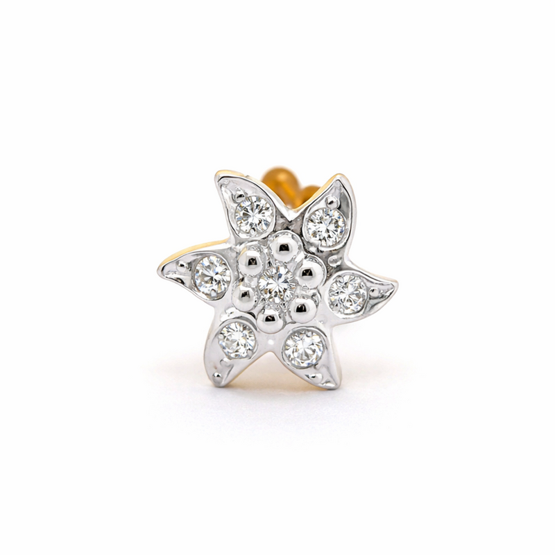 A silver star-shaped stud nose ring adorned with clear round-cut gemstones, shown on a plain white background.