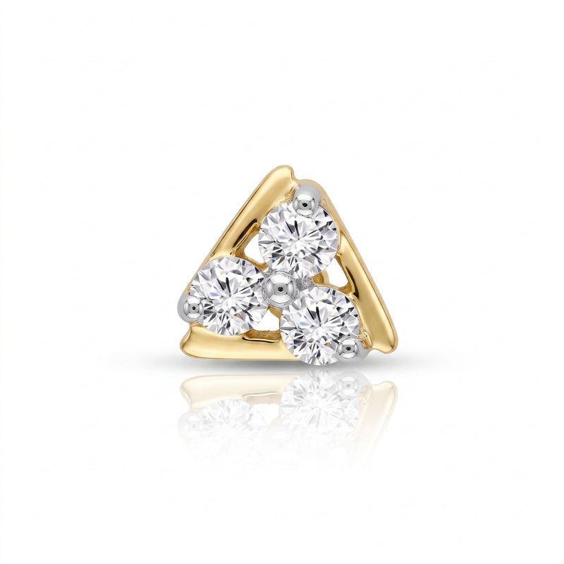 A gold triangular ring setting featuring three round-cut clear gemstones, photographed on a clean white background with a soft reflection below.