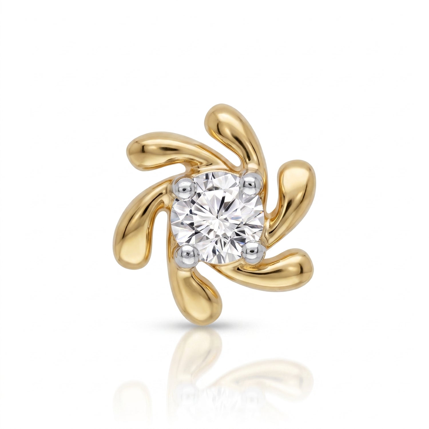 A yellow gold ring featuring a central round brilliant-cut diamond surrounded by four curved, petal-like gold settings, presented on a clean white background with a soft reflection below.