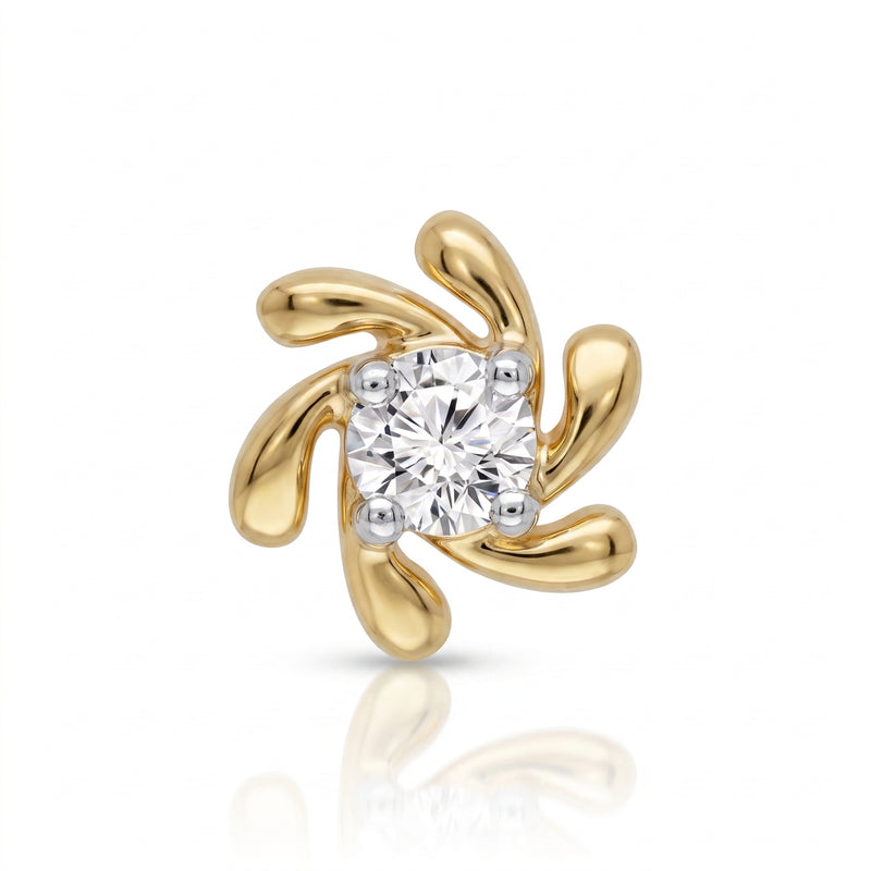 A yellow gold ring featuring a central round brilliant-cut diamond surrounded by four curved, petal-like gold settings, presented on a clean white background with a soft reflection below.