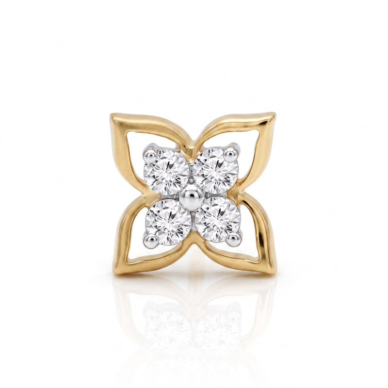 A yellow gold four-petal flower-shaped nose ring with four clear round-cut gemstones in the center, set against a clean white background with a soft reflection below.