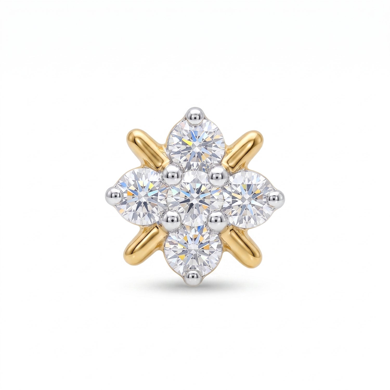 A cluster gemstone nose ring featuring a central round diamond surrounded by six marquise-cut diamonds, set in a two-tone yellow gold and silver-tone metal prong setting on a white background.