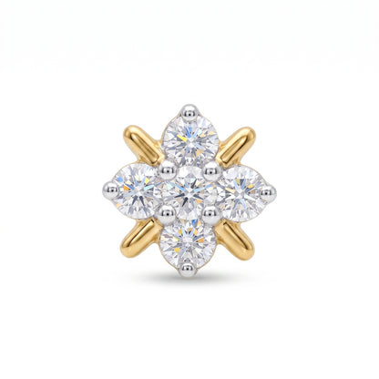 A cluster gemstone nose ring featuring a central round diamond surrounded by six marquise-cut diamonds, set in a two-tone yellow gold and silver-tone metal prong setting on a white background.