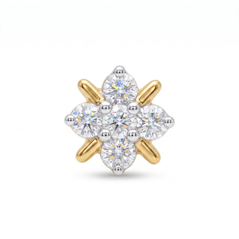 A cluster gemstone nose ring featuring a central round diamond surrounded by six marquise-cut diamonds, set in a two-tone yellow gold and silver-tone metal prong setting on a white background.